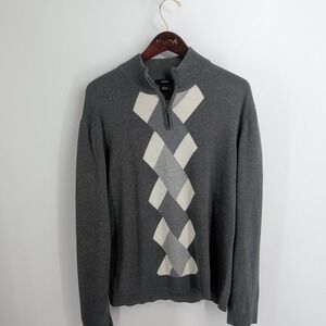 Alfani Geometric Argyle Mock Neck‎ 1/4-Zip Pullover Sweater Gray White Size L